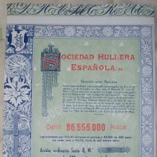 Coleccionismo Acciones Españolas: ACCIÓN DE 500 PESETAS DE LA SOCIEDAD HULLERA ESPAÑOLA. BARCELONA. 1956. Lote 219306850