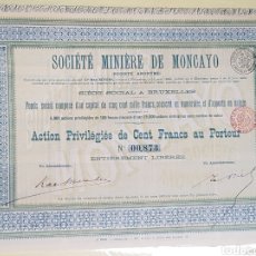 Coleccionismo Acciones Españolas: ACCION MINAS. SOCIEDAD MINERA DE MONCAYO.SORIA 1899. ACCION PRIVILEGIADA DE 100 FRANCOS AL PORTADOR. Lote 226980919
