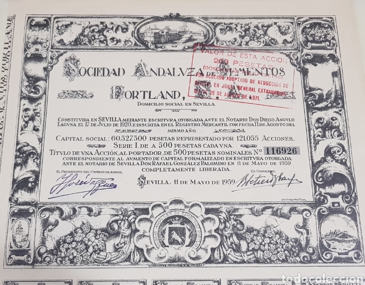 Coleccionismo Acciones Espa&ntilde;olas: ACCION SOCIEDAD ANDALUZA CEMENTOS PORTLAND. SEVILLA 1959