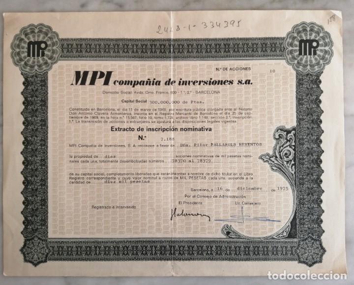 Coleccionismo acciones espa&ntilde;olas: MPI Compa&ntilde;&iacute;a de Inversiones SA - Foto 1