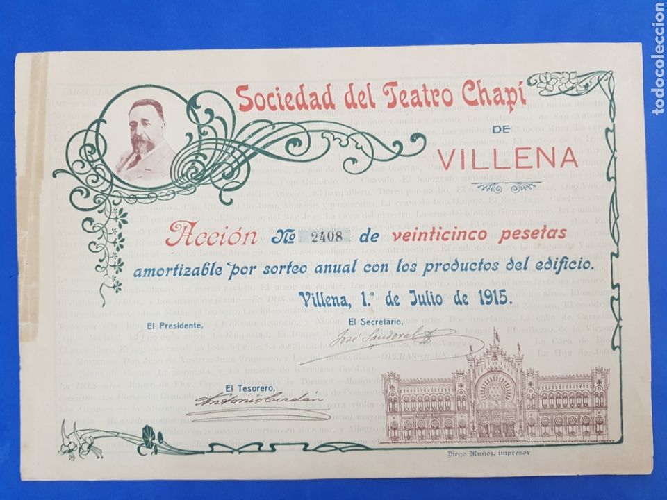 Sammeln von spanischen Wertpapieren: Accion Teatro Chapi ,n&deg;2408 , Villena ,a&ntilde;os 1915