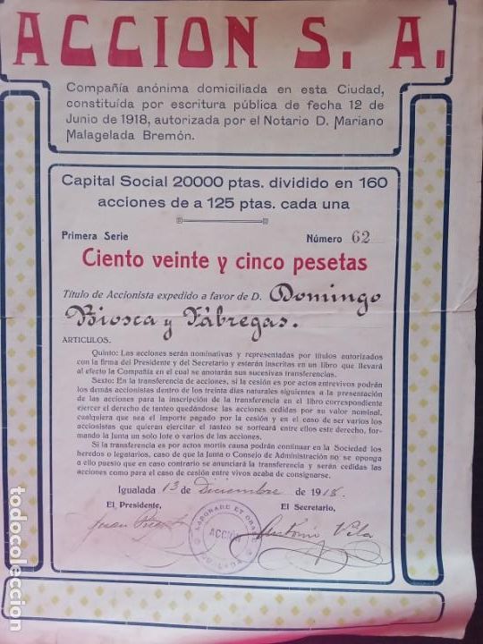 Sammeln von spanischen Wertpapieren: Accion.S.A.Domingo Biosca y F&aacute;bregas.