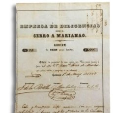Coleccionismo Acciones Españolas: ACCIÓN DE 100 PESOS - EMPRESA DE DILIGENCIAS DEL CERRO A MARIANO - CUBA AÑO 1848 - MUY RARO -. Lote 287937213