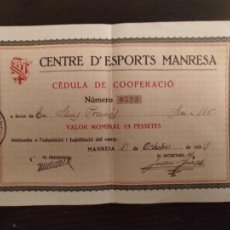 Coleccionismo Acciones Españolas: CENTRE D´ESPORTS MANRESA -CEDULA DE COOPERACIO - 1 OCTUBRE 1924 - VER FOTOS-(H-9)