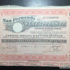 Coleccionismo Acciones Españolas: SAN FERNANDO Y LA ESPERANZA , ACCIÓN 50 PESETAS , MADRID 1916 . MINAS .. Lote 321001613