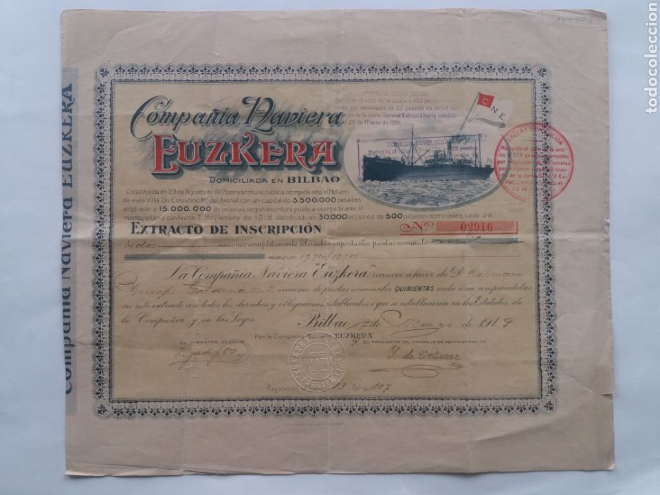 Collezionismo Azioni Spagnole: ACCI&Oacute;N DE LA COMPA&Ntilde;&Iacute;A NAVIERA EUZKERA. 1919. EXTRACTO DE DOS ACCIONES DE 500 PESETAS NOMINALES C/U.