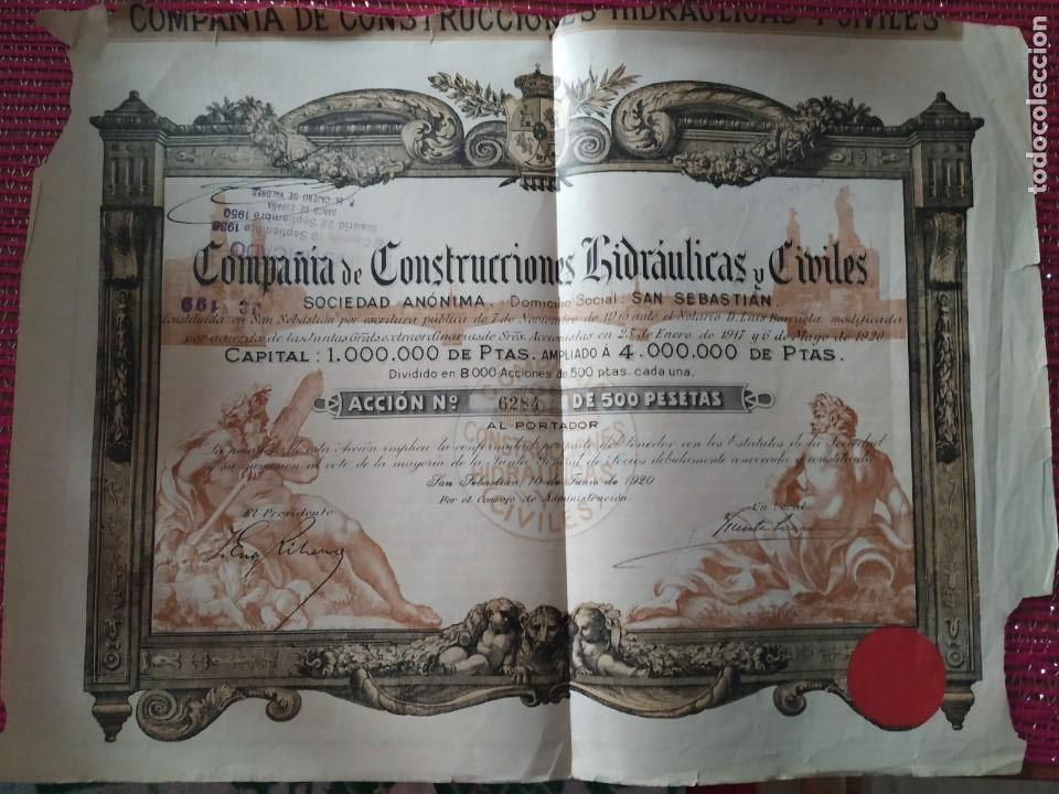 Collezionismo Azioni Spagnole: ACCION 500 PTS. COMPA&Ntilde;IA DE CONSTRUCCIONES HIDRAULICAS Y CIVILES (1920) - CON 40 CUPONES SUELTOS