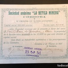 Coleccionismo Acciones Españolas: ACCIÓN LA BÉTICA MINERA. CÓRDOBA. AÑO 1917.. Lote 349334924