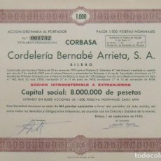 Coleccionismo Acciones Españolas: CORBASA. CORDELERÍA BERNABÉ ARRIETA. S. A. BILBAO. 1 DE SEPTIEMBRE DE 1955. Nº 001732. 27X40 CM.. Lote 357079670