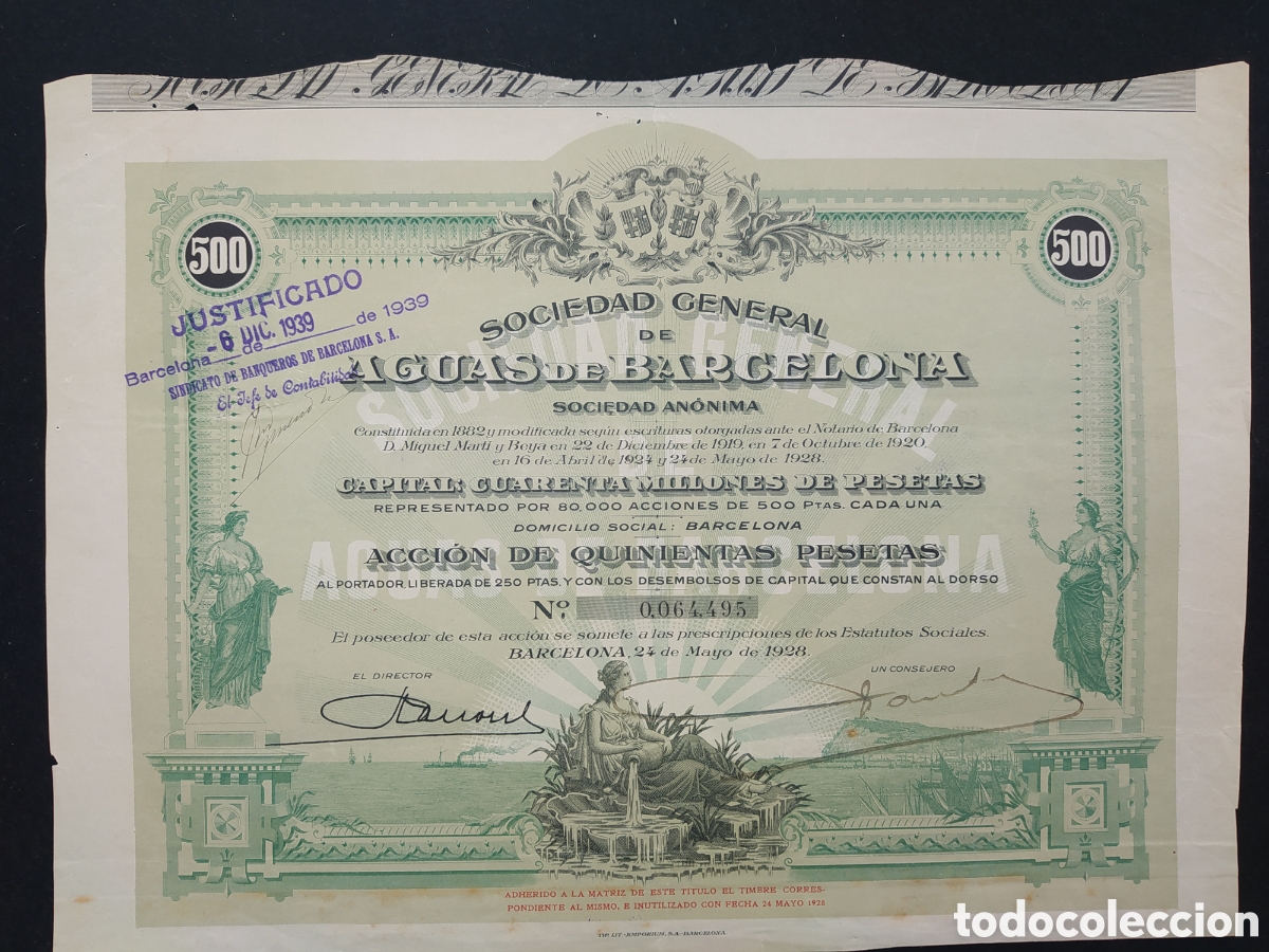 Collectables Spanish Shares: ACCI&Oacute;N AGUAS DE BARCELONA S.A. 1928