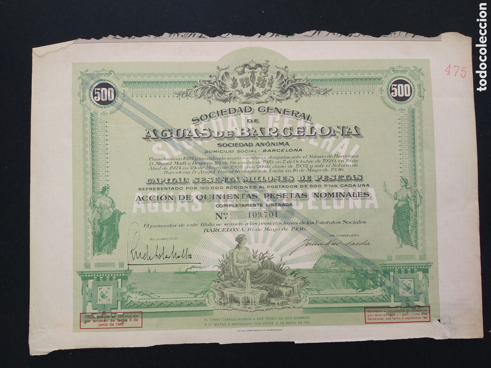 Collectables Spanish Shares: ACCI&Oacute;N DE AGUAS DE BARCELONA S.A. 1936