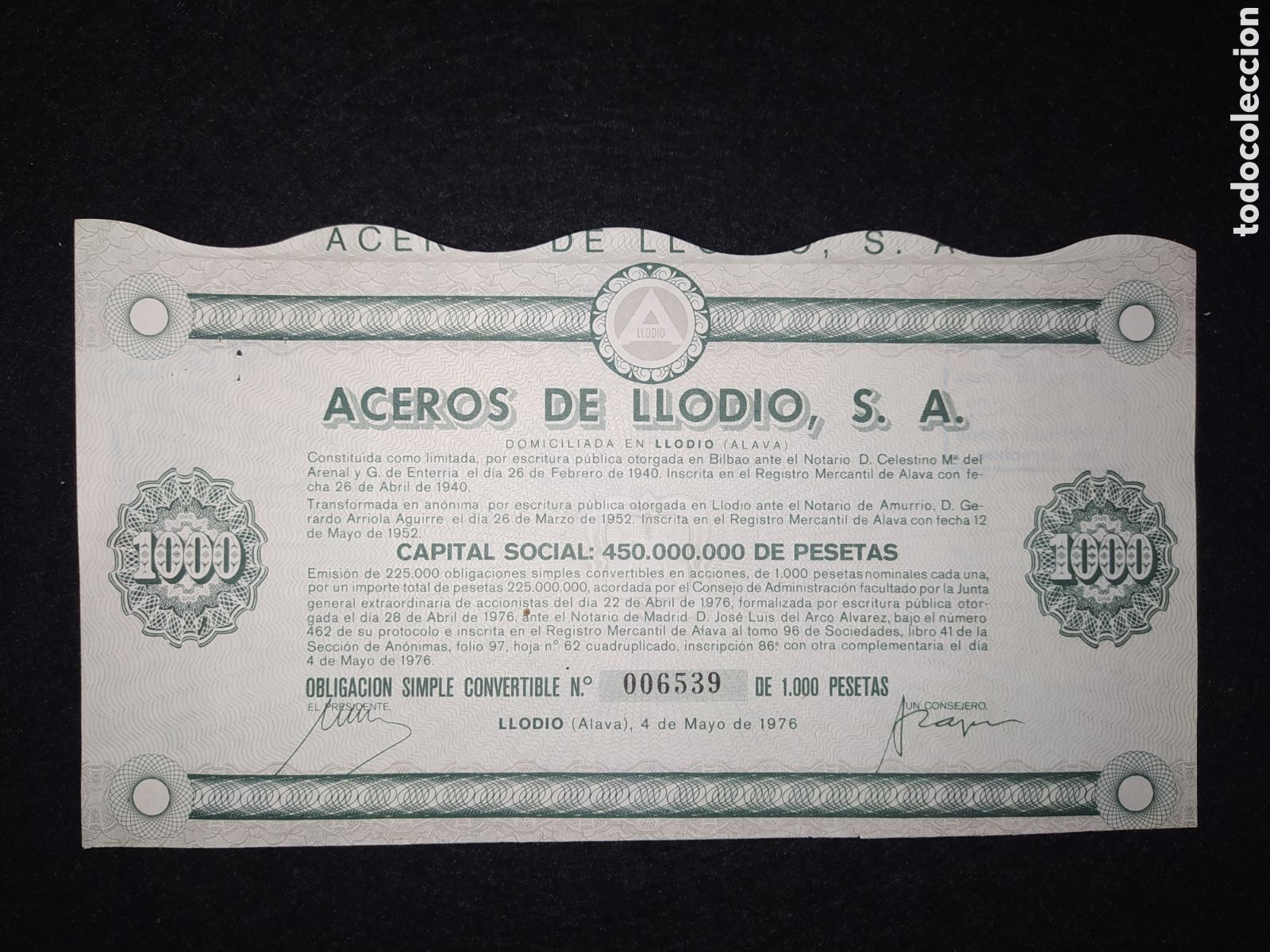 Collectables Spanish Shares: ACCI&Oacute;N ACEROS DE LLODIO S.A. 1976