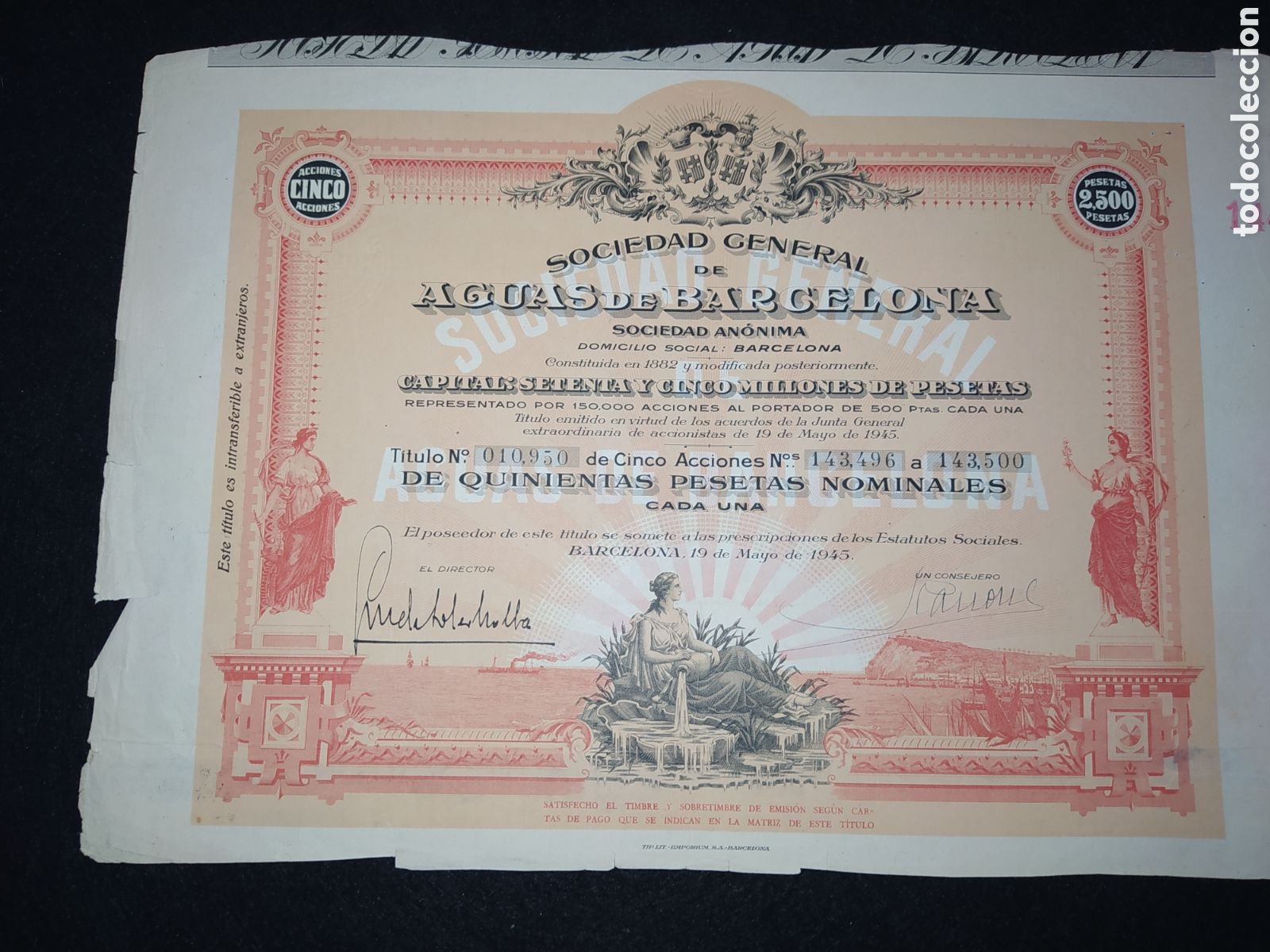 Coleccionismo Acciones Espa&ntilde;olas: ACCI&Oacute;N AGUAS DE BARCELONA 1945