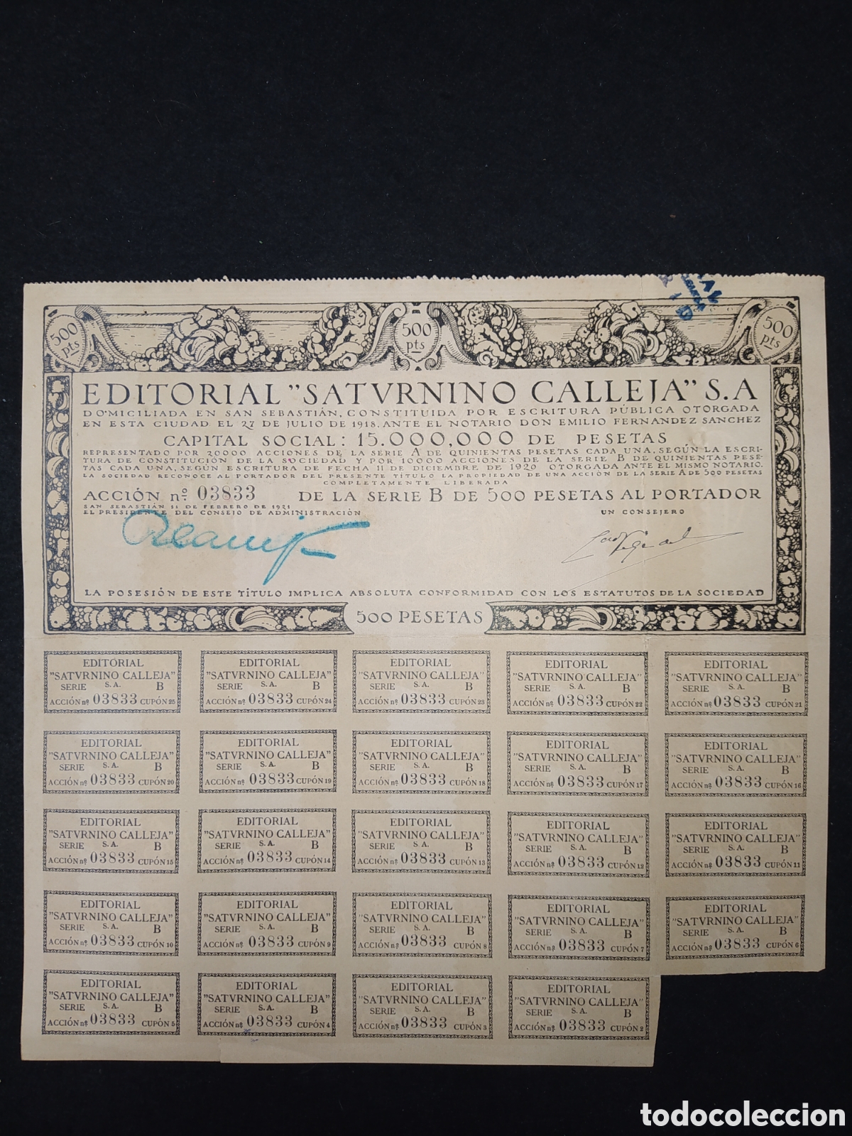 Coleccionismo Acciones Espa&ntilde;olas: ACCI&Oacute;N EDITORIAL SATURNINO CALLEJA 1921, EL DE LOS CUENTOS