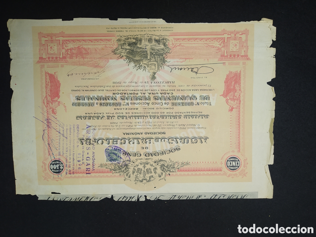 Coleccionismo Acciones Espa&ntilde;olas: ACCI&Oacute;N DE AGUAS DE BARCELONA 1928