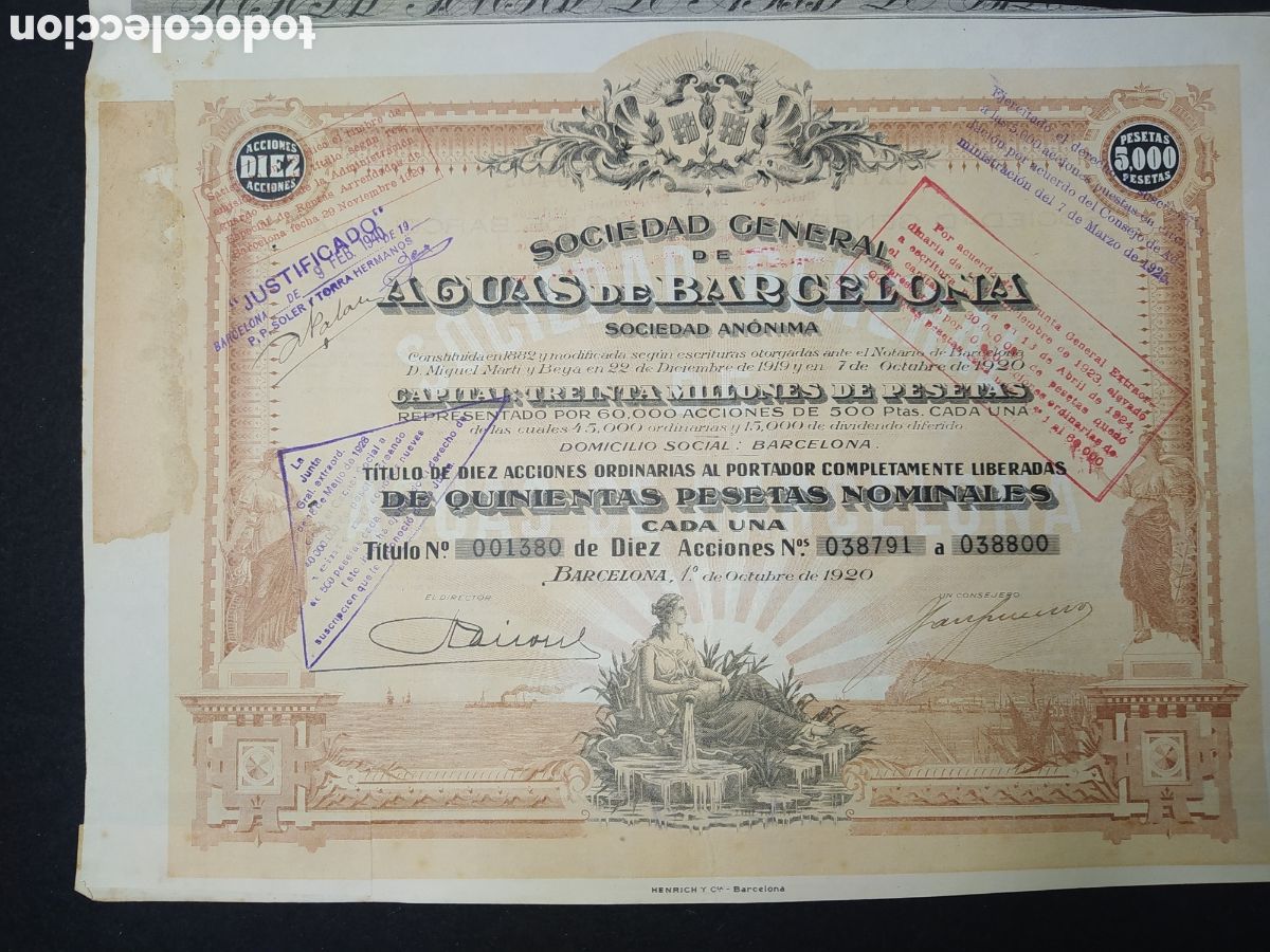 Coleccionismo Acciones Espa&ntilde;olas: ACCI&Oacute;N AGUAS DE BARCELONA 1920