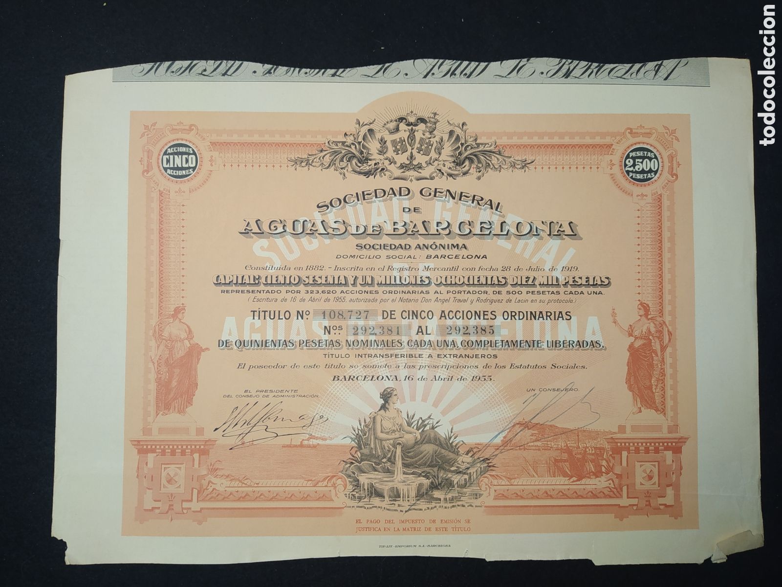 Coleccionismo Acciones Espa&ntilde;olas: ACCI&Oacute;N DE AGUAS DE BARCELONA 1955