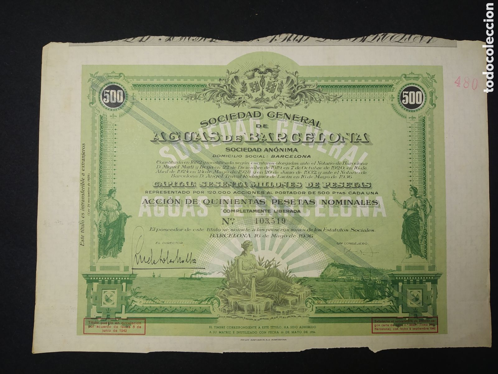 Coleccionismo Acciones Espa&ntilde;olas: ACCI&Oacute;N DE AGUAS DE BARCELONA 1936