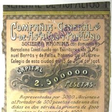 Coleccionismo Acciones Españolas: CIA GRAL ASFALTOS Y PORTLAND ”ASLAND” 1901. Lote 400460364