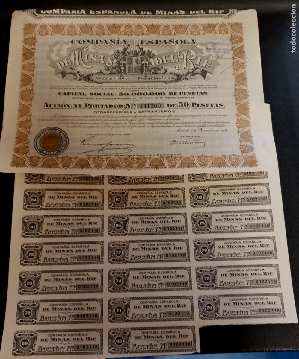 Collezionismo Azioni Spagnole: ACCI&Oacute;N MINAS DEL RIF MADRID A&Ntilde;O 1935 31X22 CM.