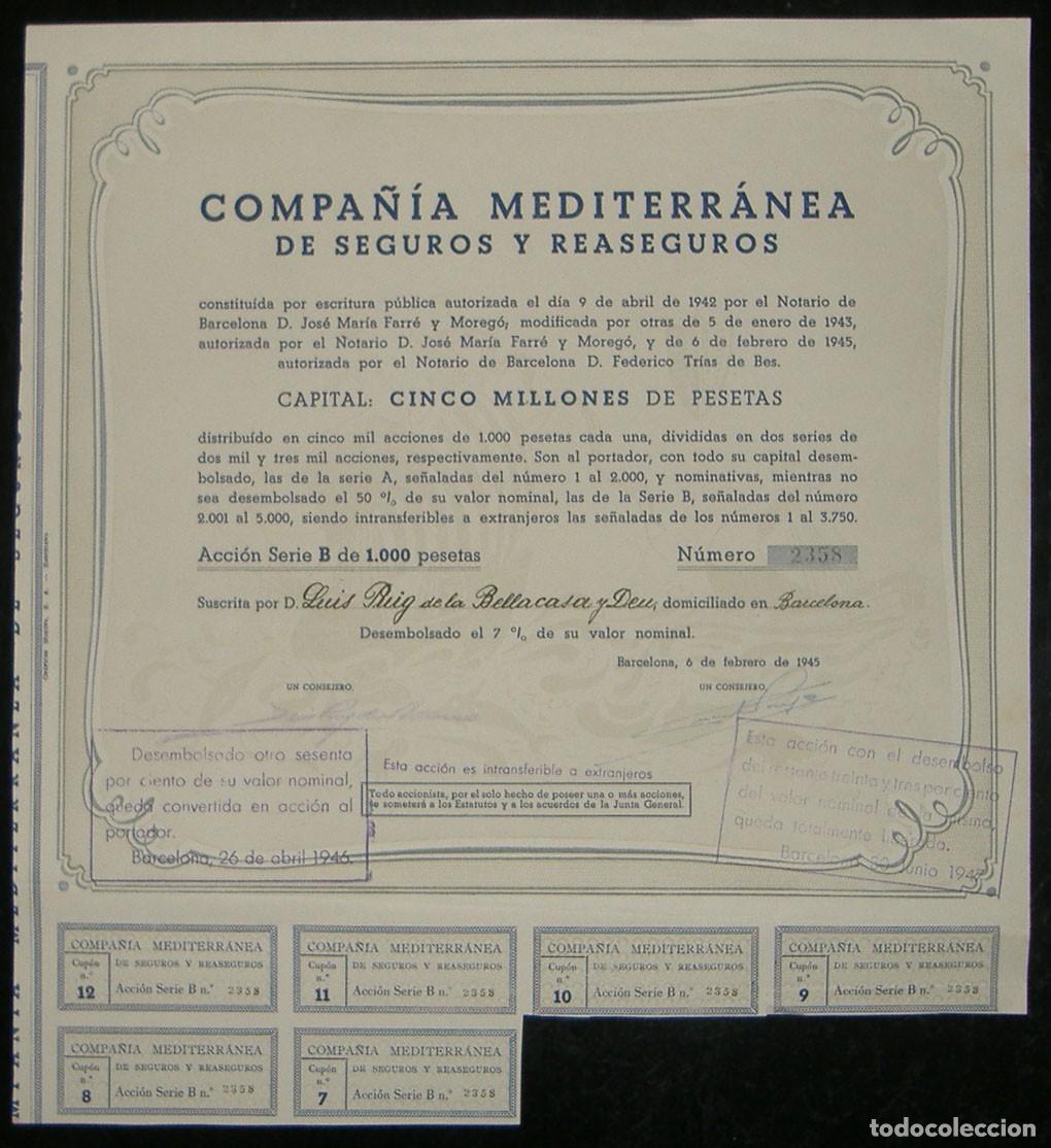 Coleccionismo acciones espa&ntilde;olas: Compa&ntilde;&iacute;a Mediterr&aacute;nea de Seguros y Reaseguros, Barcelona (1945) - Foto 2