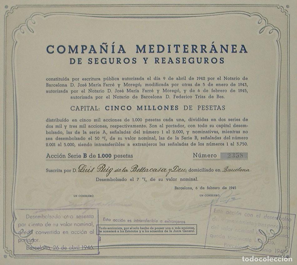 Coleccionismo acciones espa&ntilde;olas: Compa&ntilde;&iacute;a Mediterr&aacute;nea de Seguros y Reaseguros, Barcelona (1945) - Foto 1