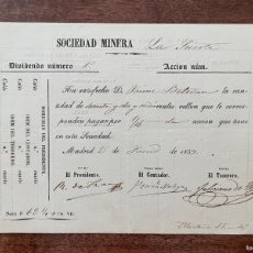 Coleccionismo Acciones Españolas: DIVIDENDO ACCIÓN SOCIEDAD MINERA LA SUERTE. AÑO 1859