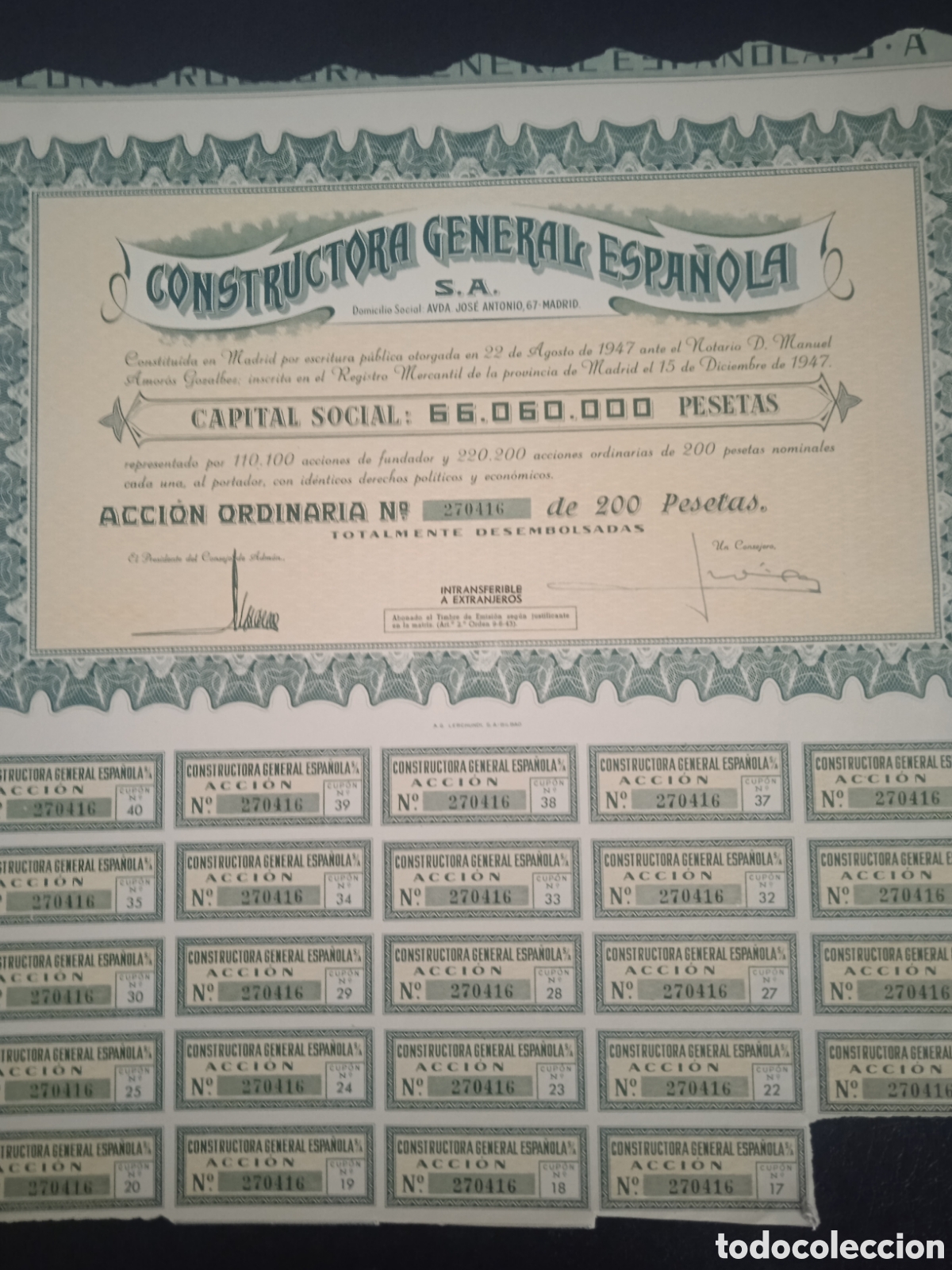 Coleccionismo acciones espa&ntilde;olas: Acci&oacute;n constructora general espa&ntilde;ola a&ntilde;o 1947 - Foto 1