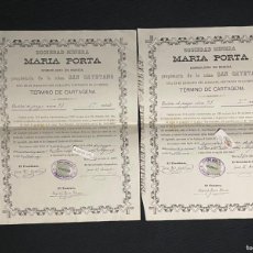 Coleccionismo Acciones Españolas: RARA PAREJA DE ACCIONES DE MINAS - 1889 - SOCIEDAD MINERA MARIA PORTA - SAN CAYETANO - MURCIA
