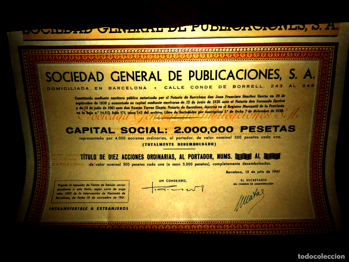 Collezionismo Azioni Spagnole: Sociedad General de Publicaciones 1961, Barcelona ,acci&oacute;n