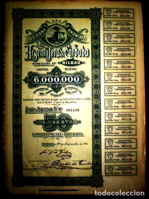 Collezionismo Azioni Spagnole: LA ARGENT&Iacute;FERA DE C&Oacute;RDOBA ,SA acci&oacute;n 1916