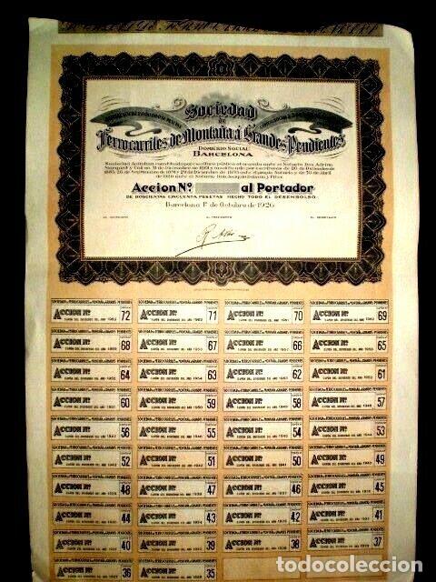 Collezionismo Azioni Spagnole: SOCIEDAD DE FERROCARRILES DE MONTA&Ntilde;A A GRANDES PENDIENTES Barcelona,1926 acci&oacute;n