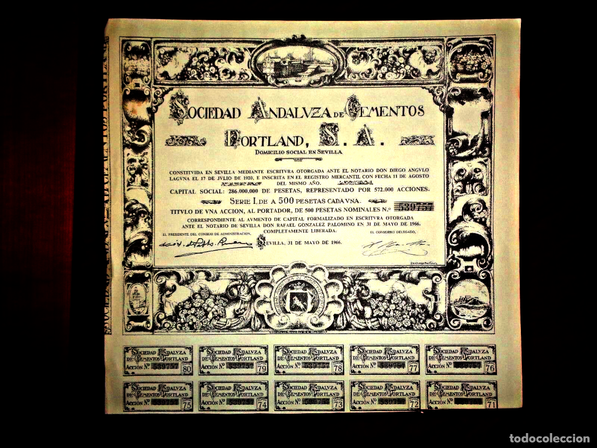 Collectionnisme Actions Espagne: SOCIEDAD ANDALUZA DE CEMENTOS PORTLAND, S.A. Sevilla, 1966 acci&oacute;n