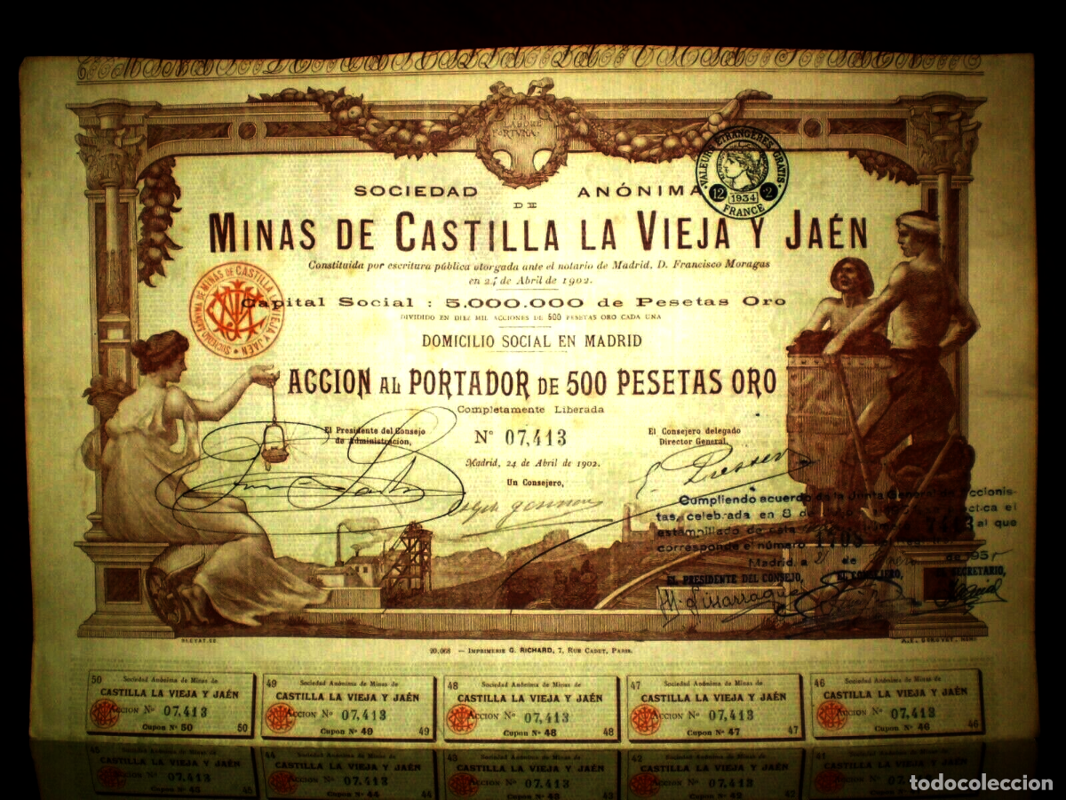 Collezionismo Azioni Spagnole: Minas de Castilla La Vieja y Ja&eacute;n ,Madrid 1902 acci&oacute;n
