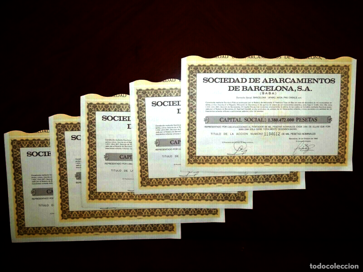 Collezionismo Azioni Spagnole: SOCIEDAD DE APARCAMIENTOS DE BARCELONA, SA, Barcelona 1985 acci&oacute;n x 5