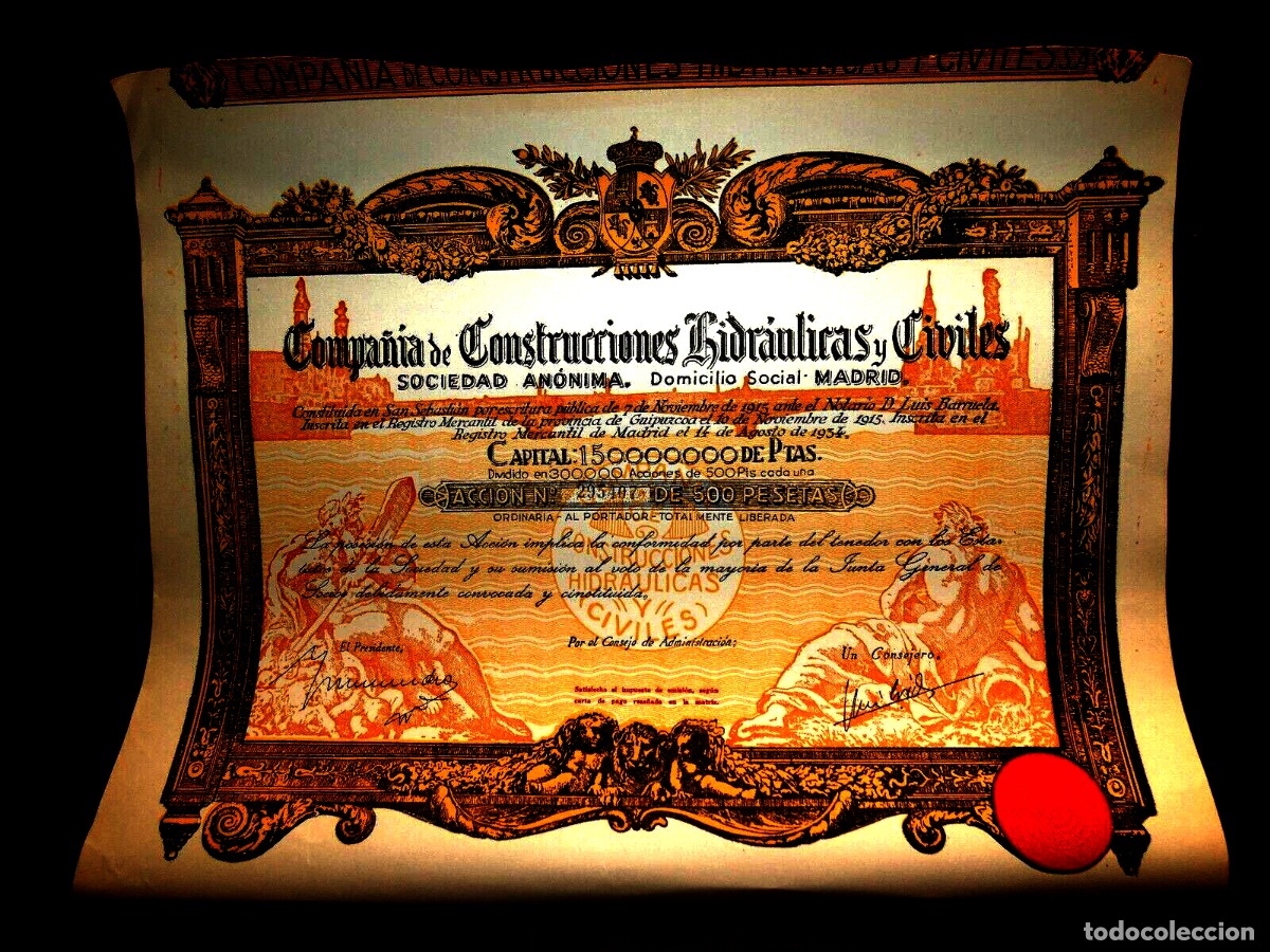 Collezionismo Azioni Spagnole: Compa&ntilde;&iacute;a de Construcciones Hidr&aacute;ulicas y Civiles, Madrid, 1934. acci&oacute;n
