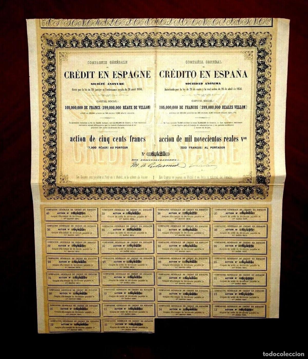 Collectionnisme Actions Espagne: Compa&ntilde;&iacute;a General de Cr&eacute;dito en Espa&ntilde;a,1856, 500 Francos o 1.900 Reales de Vell&oacute;n, acci&oacute;n