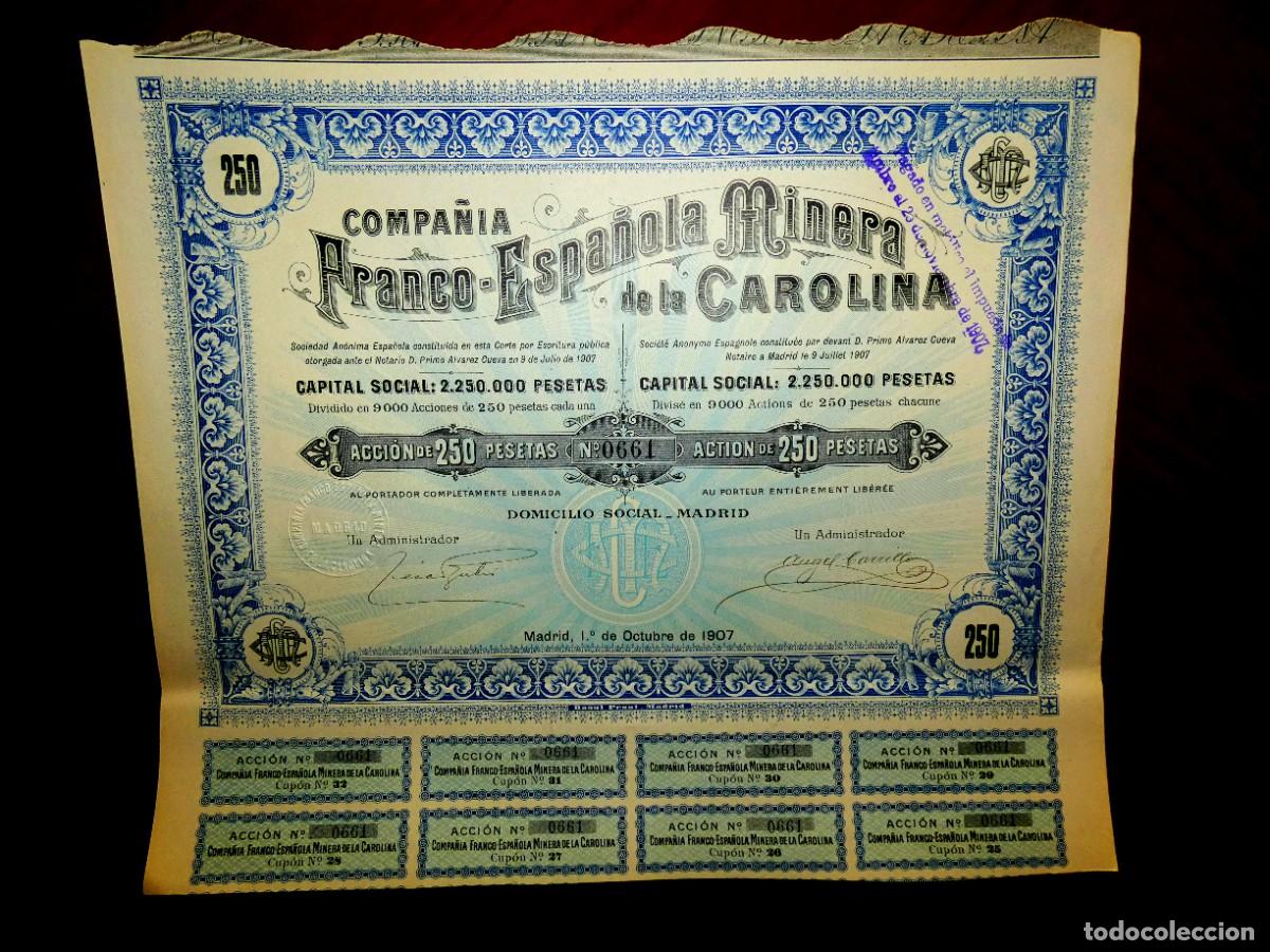 Coleccionismo Acciones Espa&ntilde;olas: Franco-espa&ntilde;ola Minera de la Carolina 1907 ,acci&oacute;n