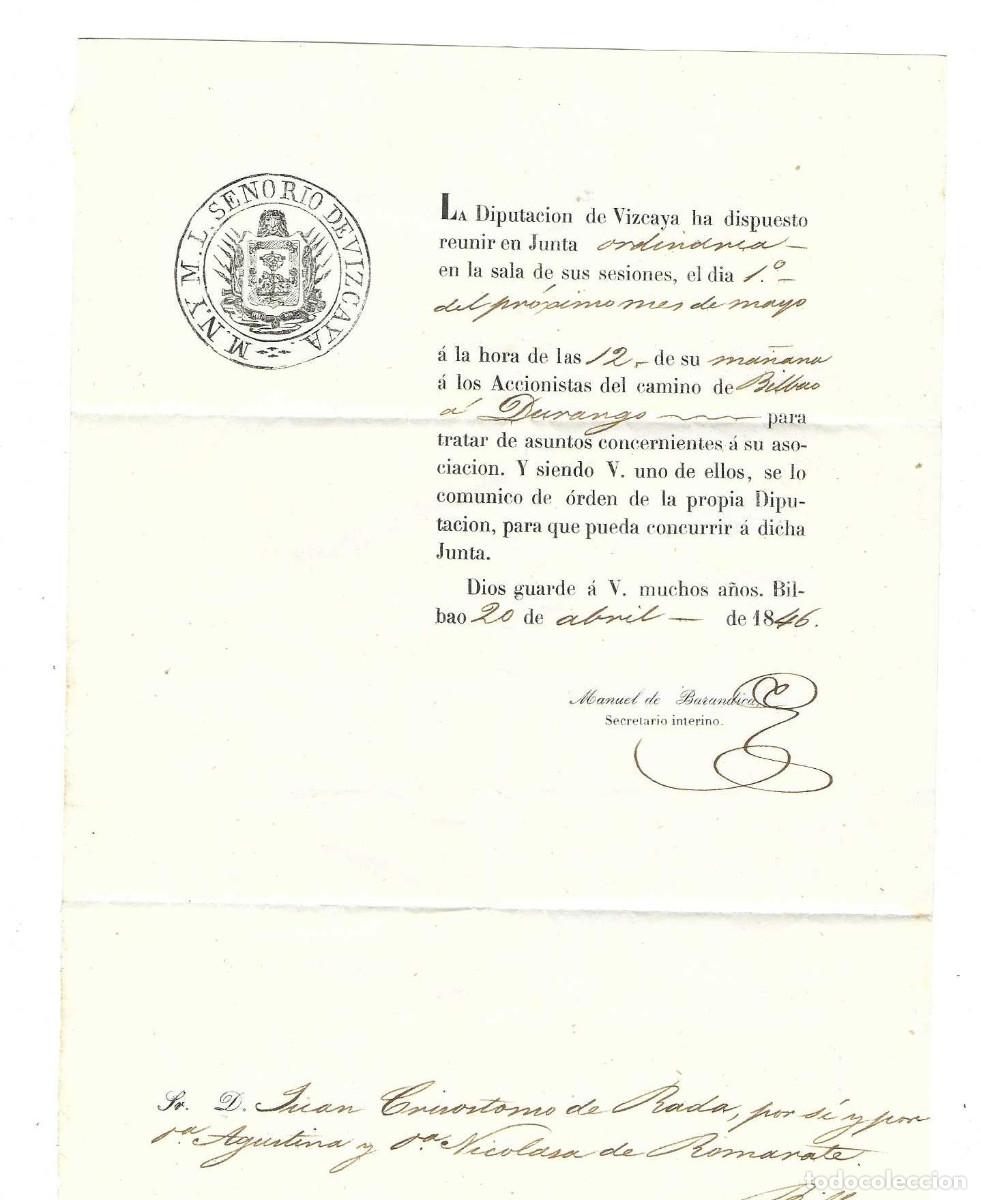 Collectables Spanish Shares: JUNTA DE ACCIONISTAS CAMINO DE HIERRO DE BILBAO A DURANGO - MANUEL DE BARANDIARAN 1846