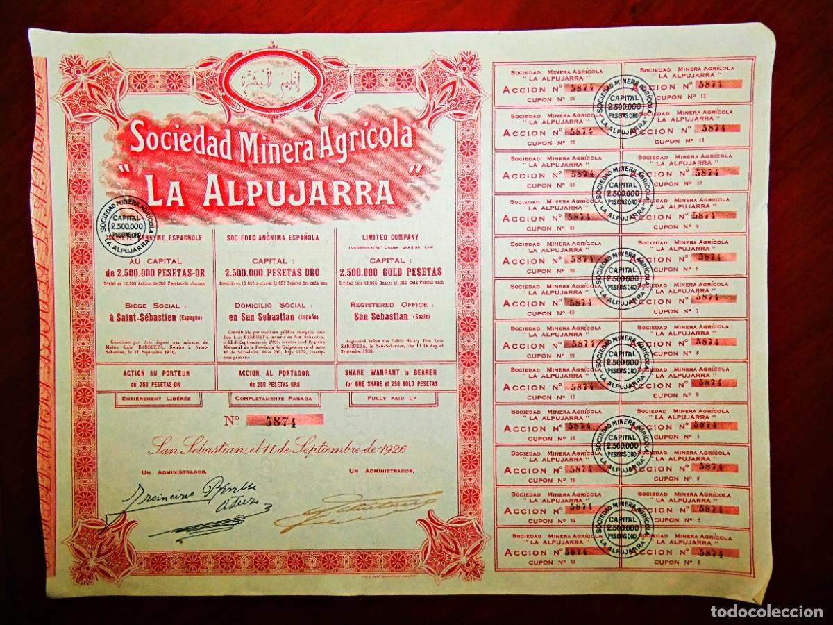 Collezionismo Azioni Spagnole: Minera Agr&iacute;cola La Alpujarra SA ,minas de oro, Uguijar Granada, 1926
