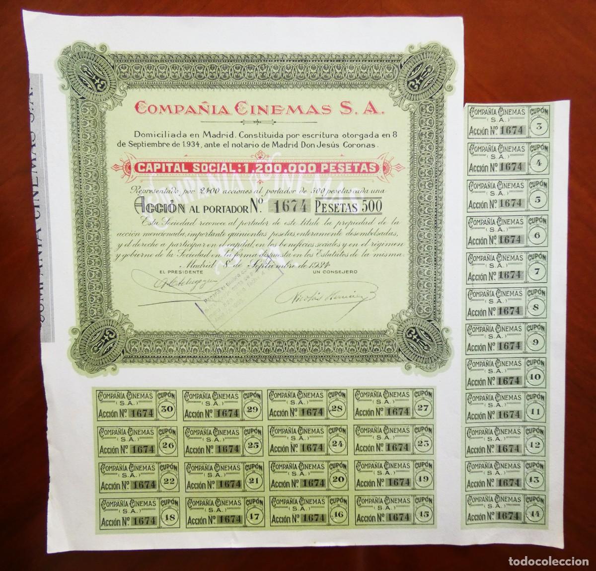 Sammeln von spanischen Wertpapieren: Compa&ntilde;&iacute;a de Cinemas SA ,Madrid 1934 ,acci&oacute;n