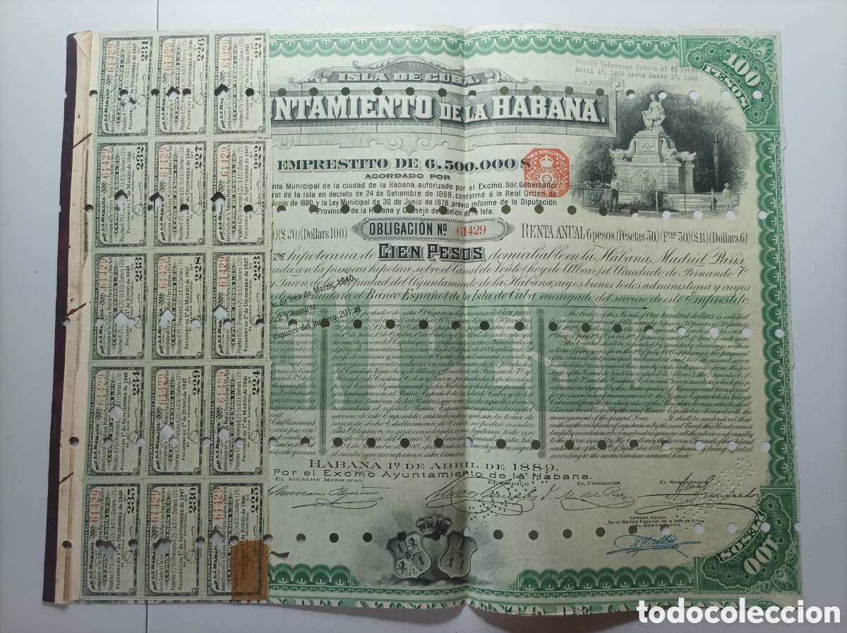 Colonial Cuba, 100 peso mortgage bond for Havana Metropolis Corridor, 1889.