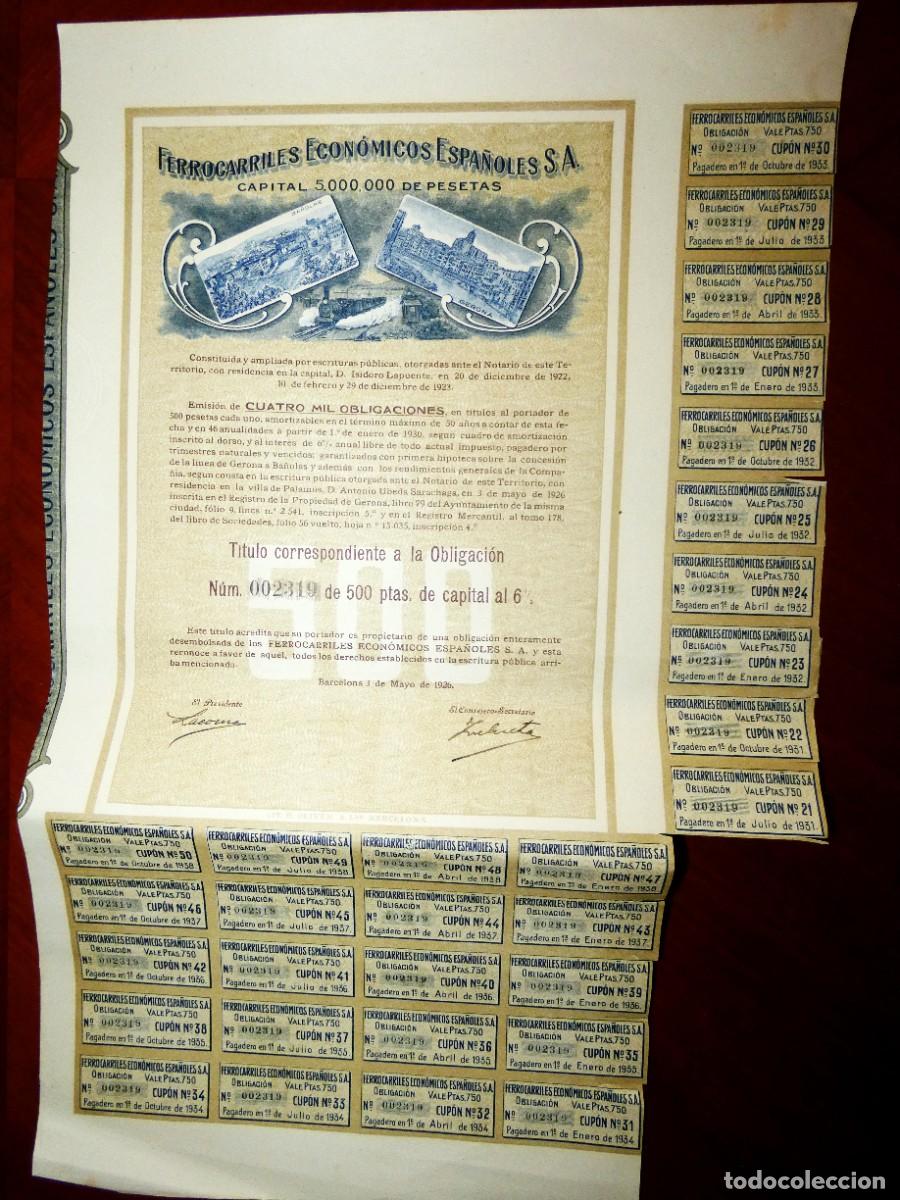 Collectionnisme Actions Espagne: Ferrocarriles Econ&oacute;micos Espa&ntilde;oles SA ,Barcelona 1926 obligaci&oacute;n al portador