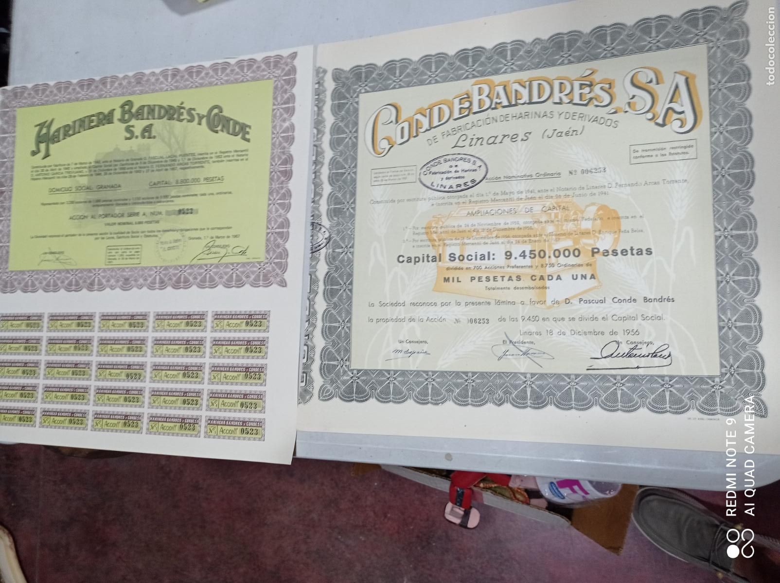 Collectables Spanish Shares: LOTE DE 2 ACCIONES HARINERA BANDR&Eacute;S Y CONDE BANDR&Eacute;S. LINARES. 1956 Y 1957. LAS DE LA FOTO.