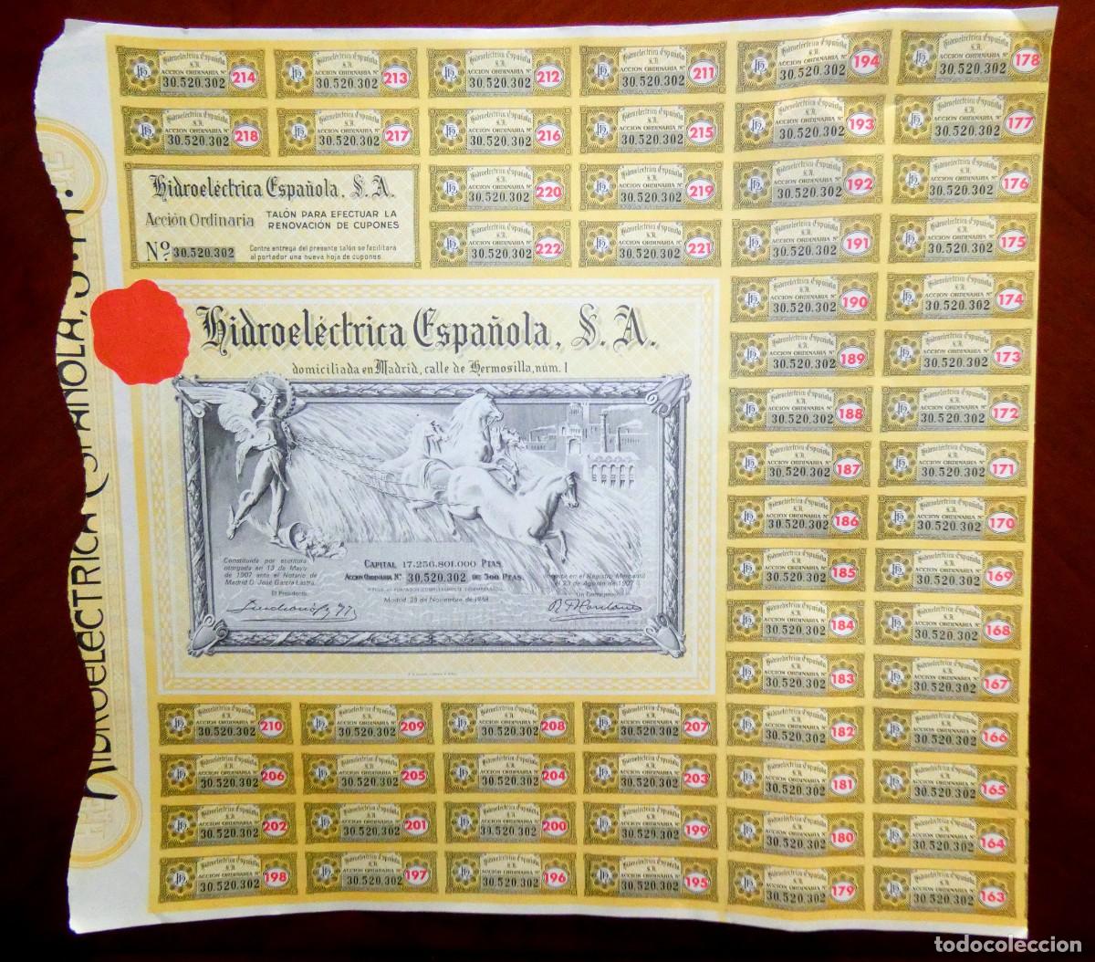 Colecionismo A&ccedil;&otilde;es Espanholas: Hidroel&eacute;ctrica Espa&ntilde;ola SA 1968 acci&oacute;n