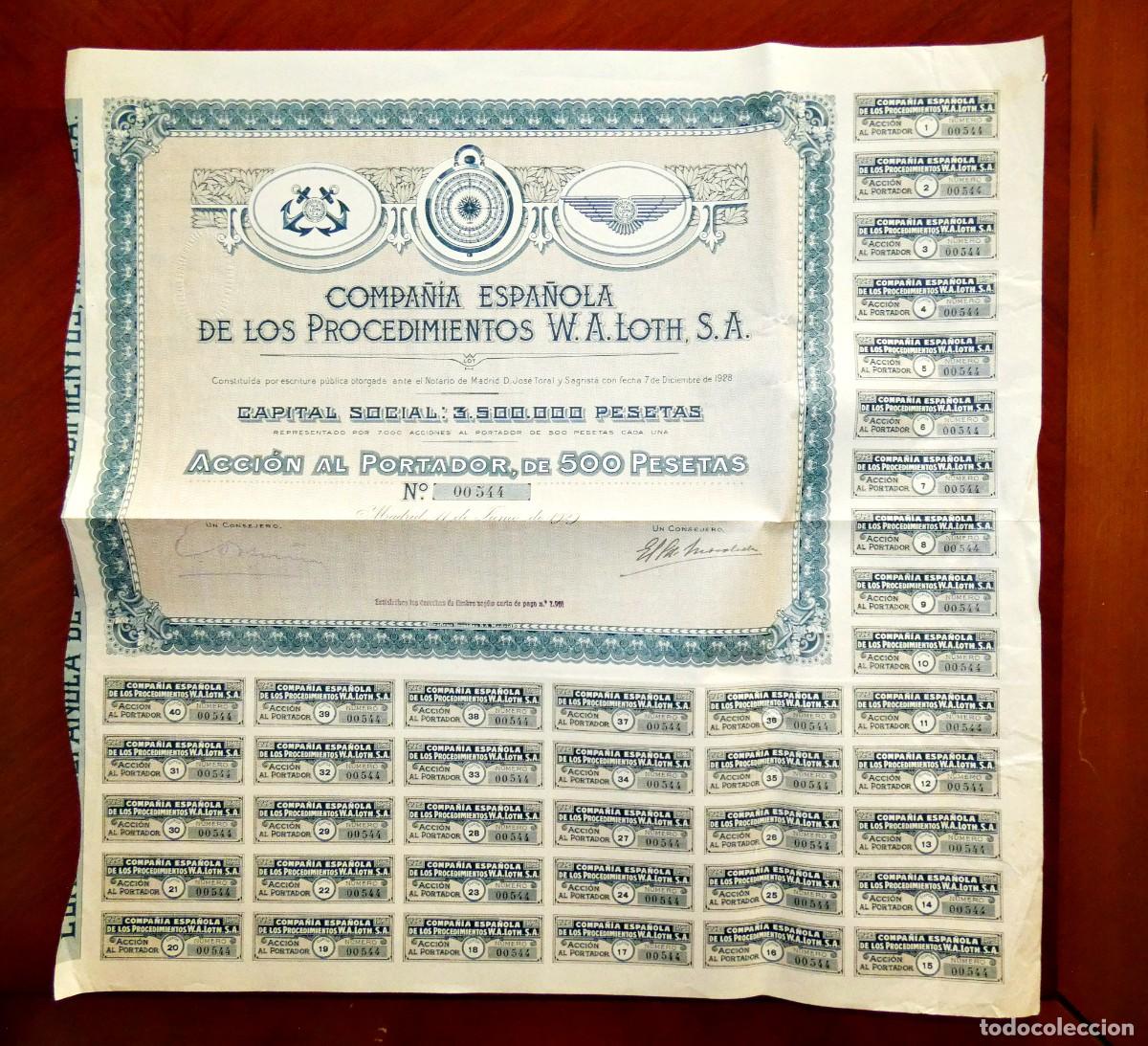 Collectables Spanish Shares: Compa&ntilde;&iacute;a Espa&ntilde;ola de los Procedimientos W.A.Loth,SA ,acci&oacute;n Madrid 1929