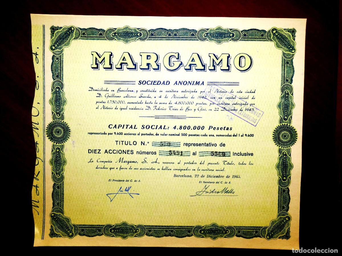 Coleccionismo Acciones Espa&ntilde;olas: Margamo ,SA, Barcelona 1945 Inmobiliaria del grupo Valls, firma Isidro Valls.