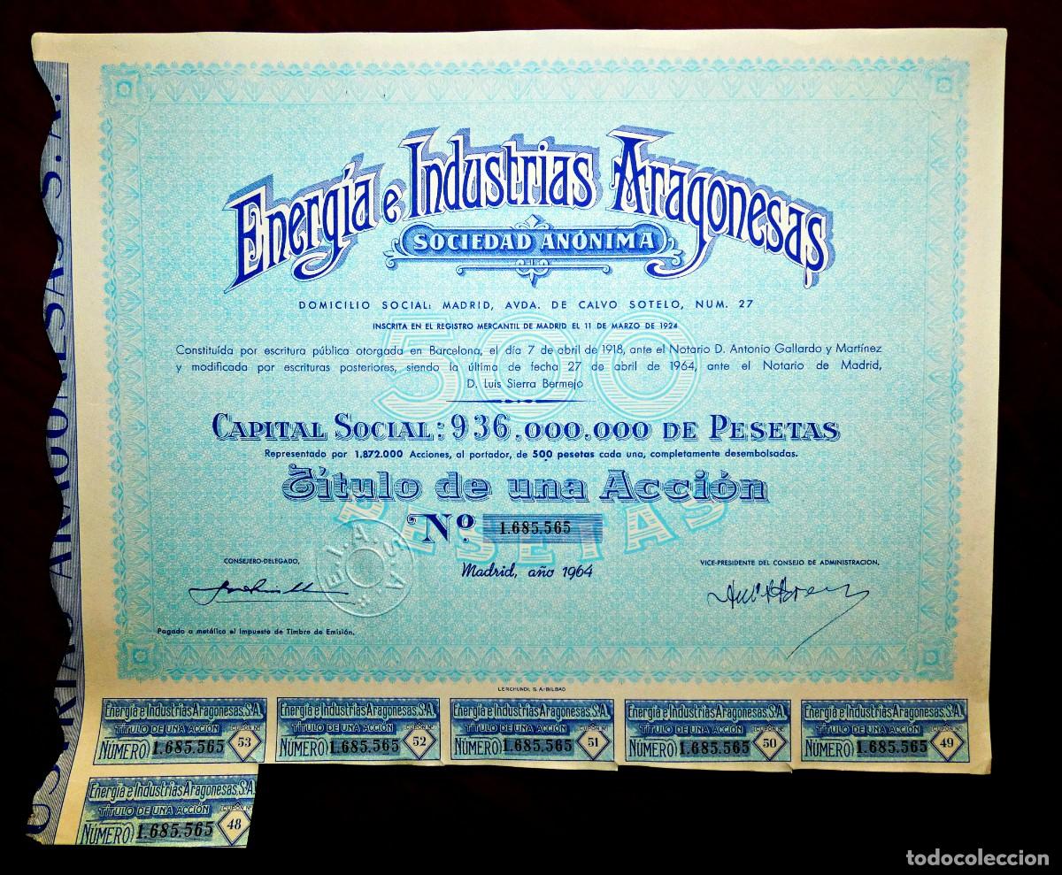 Collectionnisme Actions Espagne: Energ&iacute;a e Industrias Aragonesas SA Madrid 1964 una acci&oacute;n