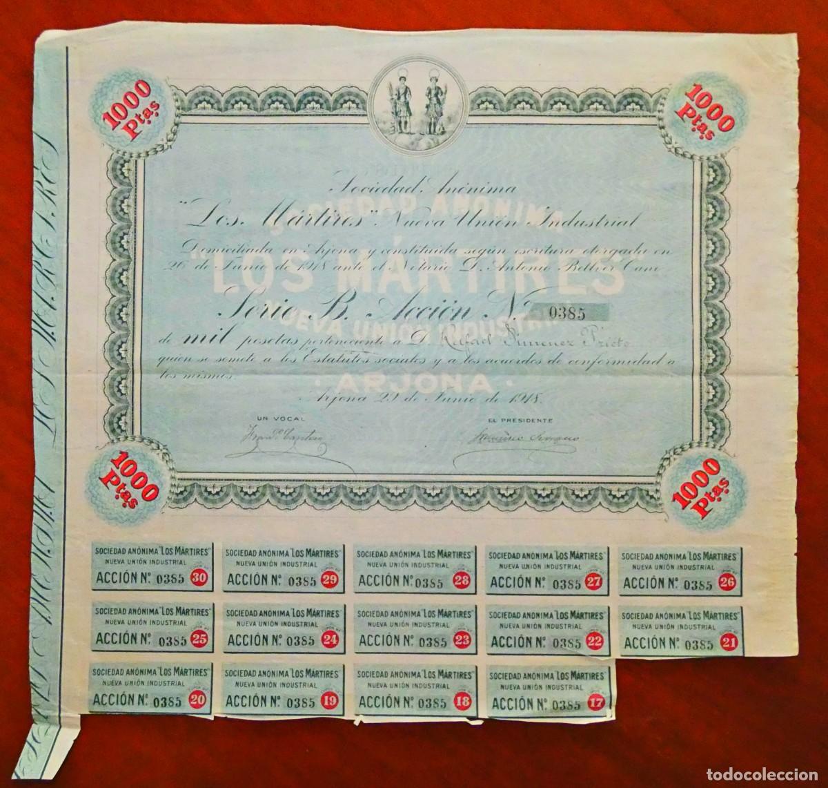 Collectables Spanish Shares: SA Los M&aacute;rtires, Nueva Uni&oacute;n Industrial, Arjona 1918, con los cupones