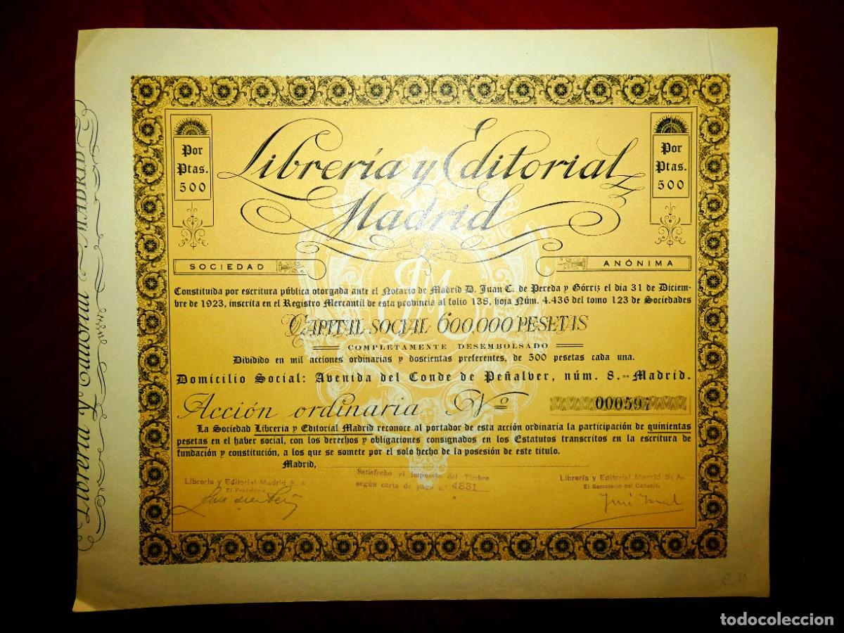 Sammeln von spanischen Wertpapieren: Librer&iacute;a Editorial Madrid,SA 1923 acci&oacute;n